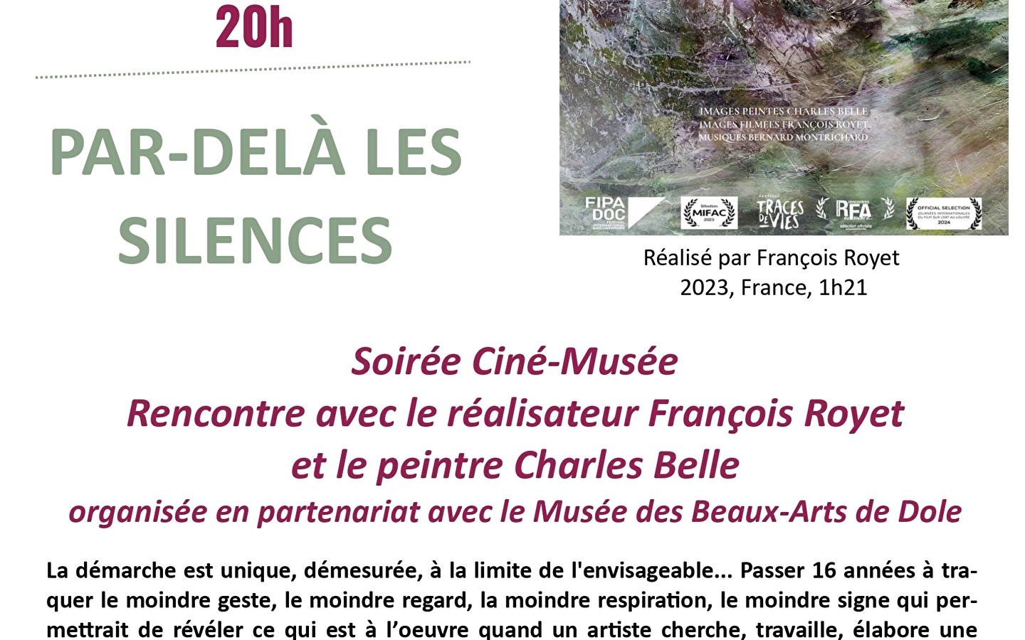 SOIRÉE SPÉCIALE CINÉ MUSÉE - PAR DELÀ LES SILENCES